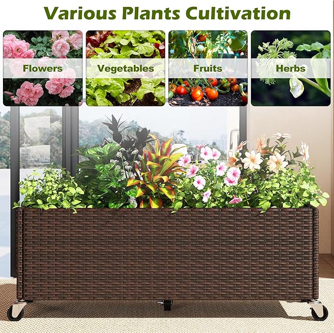 Giantex Set of 2 Wicker Raised Garden Bed with Wheels, 38”x12”x14”, Rectangular Garden Planter Box w/PE Rattan, Liner Fabric, Wicker Patio Elevated Raised Bed for Vegetable Flower Herb Porch Balcony