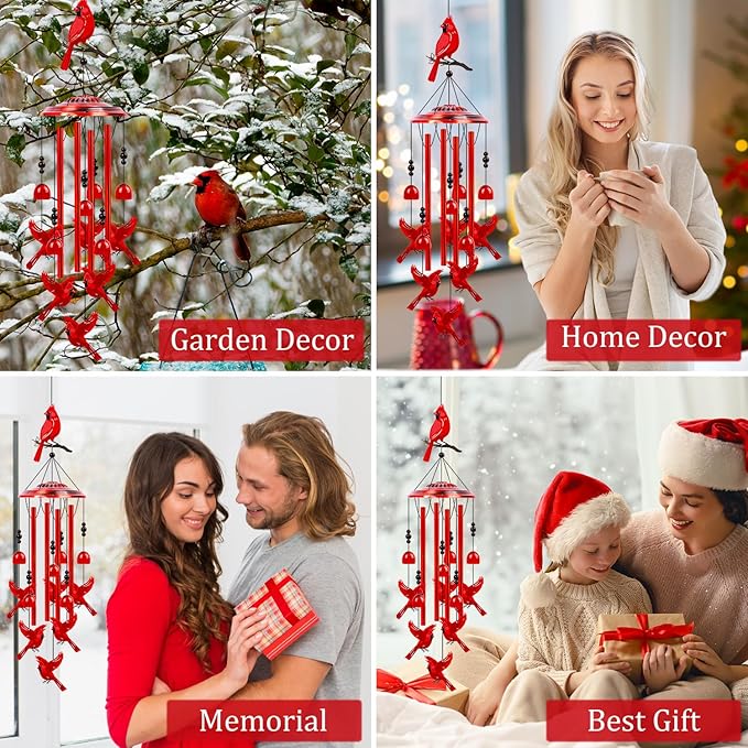 Cardinal Wind Chimes for Outside - Cardinal Gifts for Women, Memorial Wind Chimes for Outdoor, Mom Grandma Sisters Girlfriend Birthday, Home Garden Patio Yard Decor