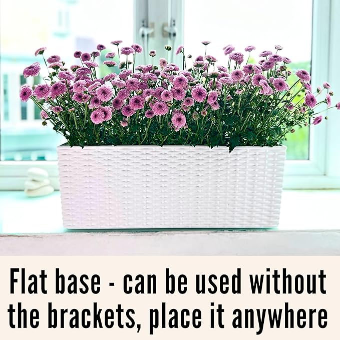 LaLaGreen Window Boxes Planters (20 Inch, 4 Pack) Outdoor Wall Hanging Flower Box with Bracket, Vertical Wall Mounted Self Watering White Rectangular Plant Container Modern Garden Herb Kitchen Indoor