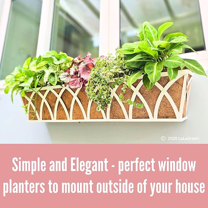 LaLaGreen Wall Planter Outdoor (48 inch, 2 Pack) White Metal Rectangular Hanging Flower Box Planters with Coco Liner Window Boxes Basket Plant Holder Horse Trough Deck Rail Railing Patio Porch Balcony