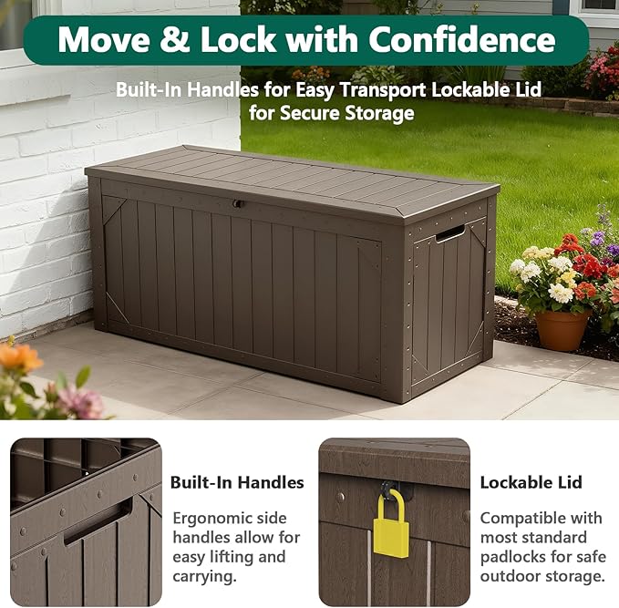 MAKE CHANGES Outdoor Storage Box, 100 Gallon Deck Box Outdoor Storage Bench Outside Waterproof Resin Storage Bench, Lockable Patio Cushions, Garden Tools Storage For Furniture, UV Resistant(Brown)
