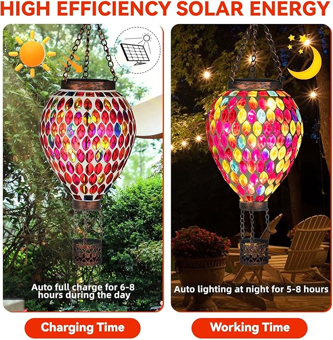 VOREEN Hot Air Balloon Solar Lantern, Mosaic Glass Hanging Solar Lights for Outside Garden & Patio, Waterproof Outdoor Decor, Handmade Art Glass Balloon (Red)