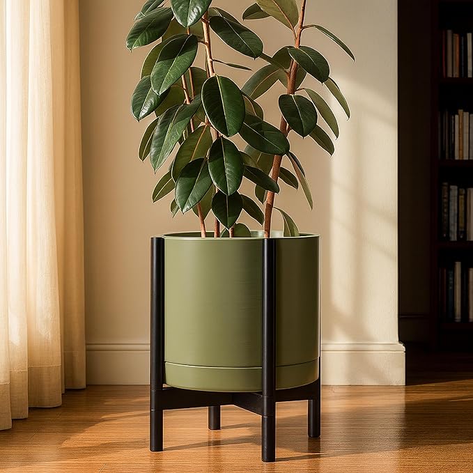 D'vine Dev Ceramic Planter with Ebony Stand - 14 Inch Modern Round Flower Pot with Wood Planter Holder, Olive, 55-B-S-J