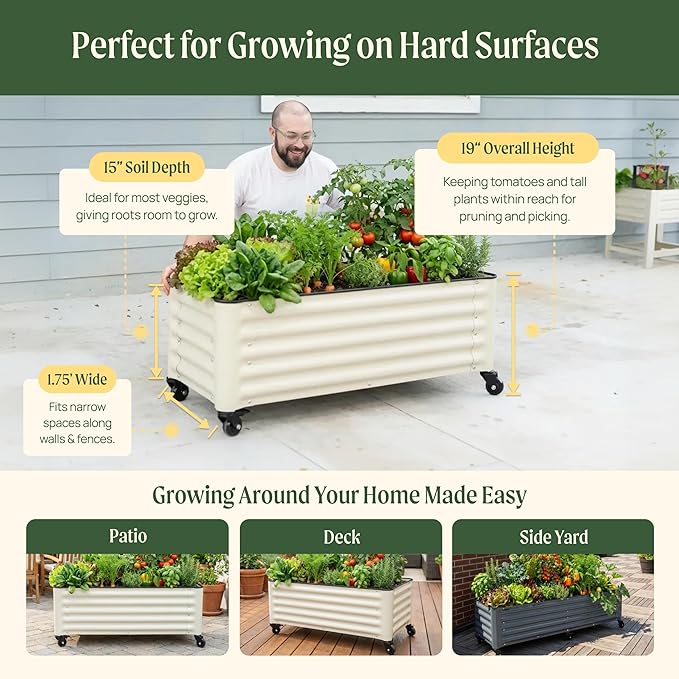 Vego garden Classic Rolling Garden Bed – 1.75' Mobile Metal Raised Garden Bed for Patio, Deck, Balcony – Deep Planting Space, Durable & Easy to Move (Modern Gray, 1.75'X1.75')