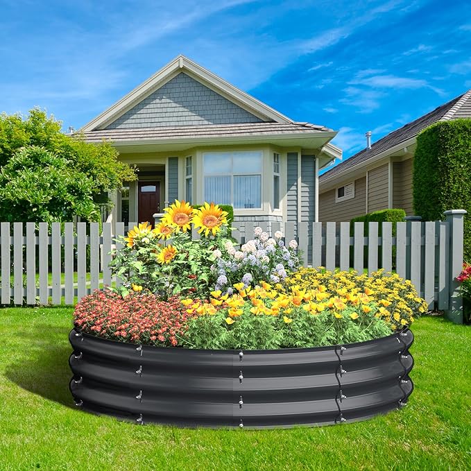 Galvanized Raised Garden Bed, 4x4x1 FT Round Raised Garden Bed for Gardening, Large Metal Planter Box for Vegetables Flower Herb(Midnight Gray)