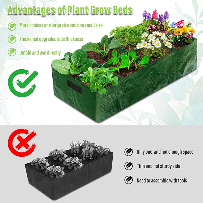 2Pcs Fabric Raised Garden Bed 8Girds Breathable Planting Containers and 4Girds Planters PE Planting Bed with Drainage Holes 128 Gallon Rectangle Garden Grow Bags for Outdoor Vegetables Fruits Flower