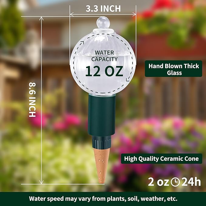 12 oz Plant Watering Globes Top Fill, Clear Glass Water Bulbs with Terracotta Spikes Stake, Vacation Slow Release Self Watering Planter Insert, Automatic Drip Device, 4 Pack