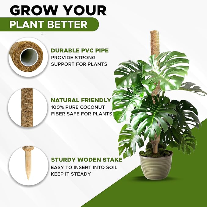 EcoNour 26.5" (2 Pack -16") Stackable Moss Pole for Monstera Plant Support | Moss Pole Sticks for Indoor Plants | Bamboo Plant Stakes,Climbing,Potted,Pothos| Philodendron & Creepers with Tie Accessory