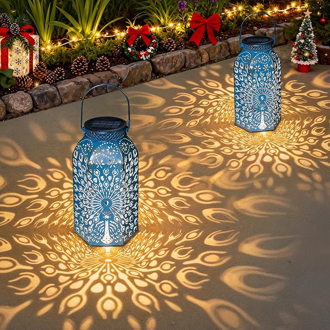 Christmas Gifts for Women Solar Lanterns Outdoor Waterproof Peacock Garden Gifts Mom, Big Solar Lights, Garden Decor, Yard Art, Mothers' Day Birthday Gifts Grandma Grandpa(2Pack, Blue Gold
