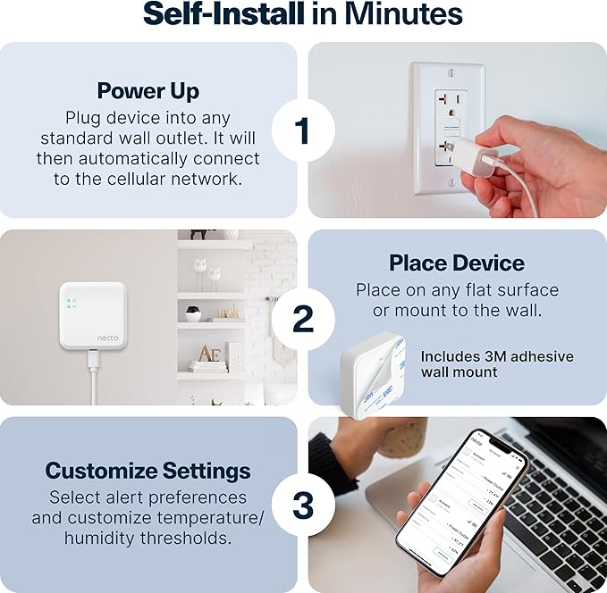 Necto Cellular Temperature Monitor - Remote Power Failure Alarm & Humidity Sensor with Unlimited Alerts. Temp Monitoring System for RV Pet Safety, Vacation Home, Server Room. No Fees or WiFi Required