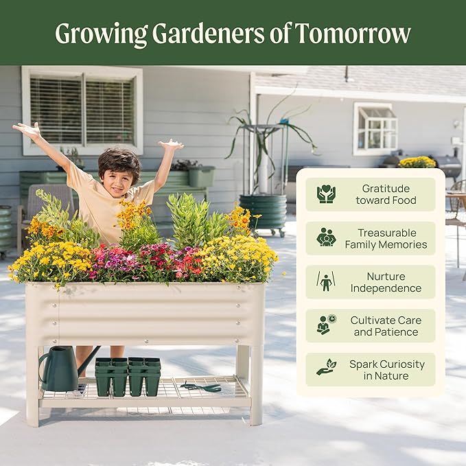 Elevated Raised Garden Bed for Kids, 16"(W) x 36" (L) x 22"(H) Outdoor Planters Box with Legs & Storage Rack, Solid & Safe Raised Beds for Gardening Herbs Vegetables Flowers, Pearl White