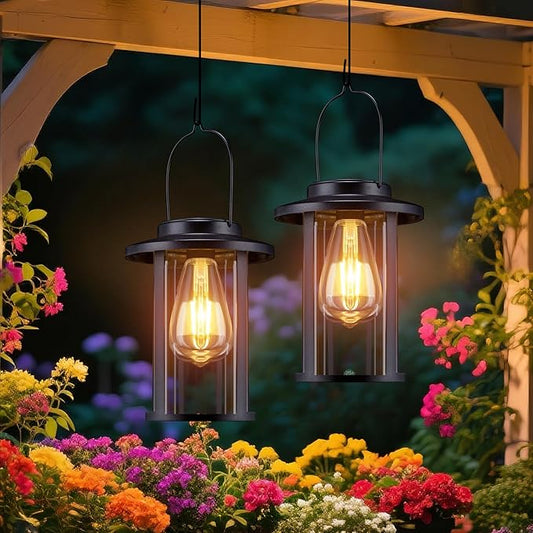 Larekook 2 Pack Solar Lanterns Outdoor Waterproof,High Brightness Hanging Solar Lights for Outside with Wall Mount Kit,Outdoor Decorative Lantern for Garden Patio Garage Porch Yard Decor