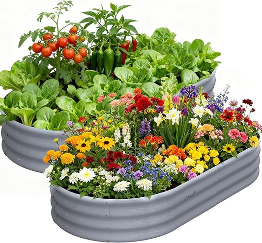 Galvanized Raised Garden Bed, 6x3x1ft Oval Metal Planter Box 2-Pack with Easy Tool-Free Assembly, Beginner & Senior Friendly, Large Outdoor Gardening Beds for Vegetables, Flowers, Herbs (Gray)