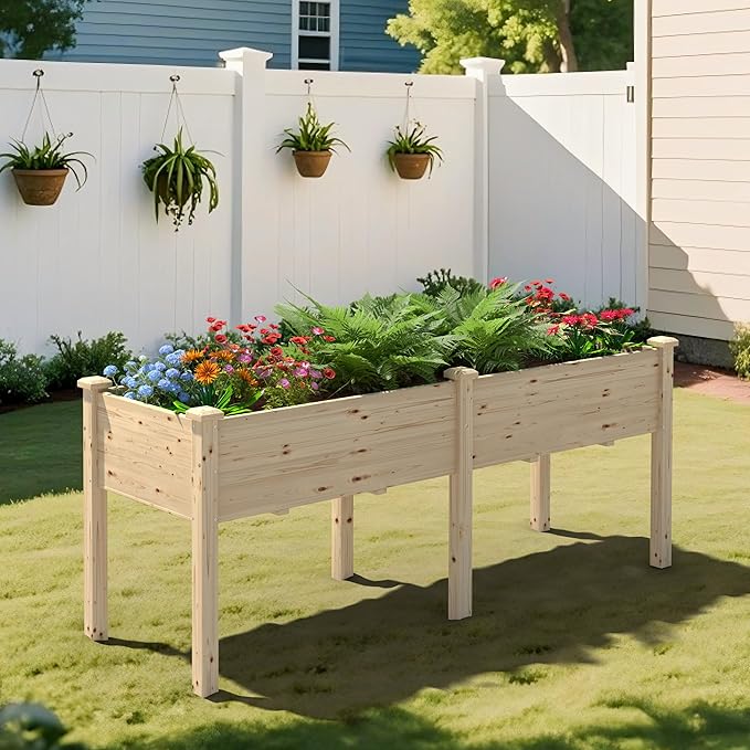 BlueWish 72''L x 23''W x 30''H Outdoor Cedar Garden Bed, Raised Garden Bed with 8 Drainage Holes & 6 Legs, Elevated Planter Boxes for Gardening, Vegetable, Flower, 309lbs Capacity, Natural