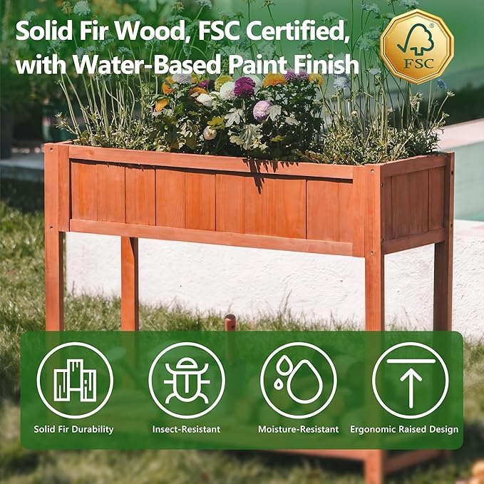 Premium Fir Wooden Raised Garden Bed with Four Legs for Backyard and Balcony Gardening,Suitable for Indoor and Outdoor use,Bottom with Storage Rack,35.04''×13''×29.92''