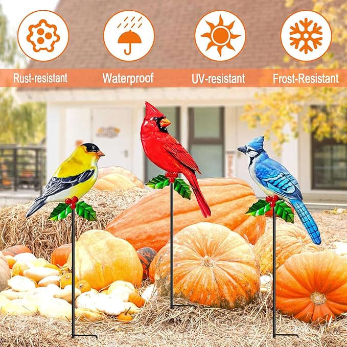 WAIU Metal Birds Garden Stakes 3 Pack Outdoor Lawn Ornaments, Garden Decor, Outside Decorations for Yard