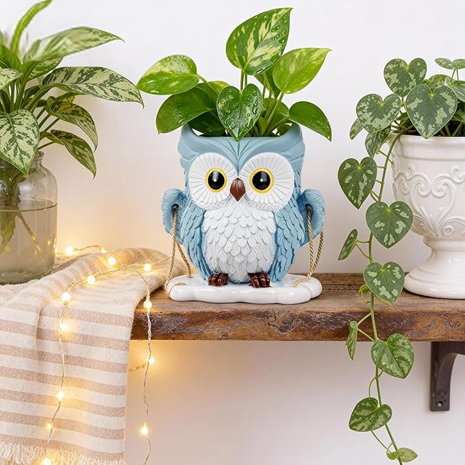 QCQHDU Swing Owl Hanging Pots with Drainage Hole, Small Resin Succulent Plant Planters, Cute Indoor/Outdoor Decor for Balcony Garden Patio, Women Gift Idea, Blue