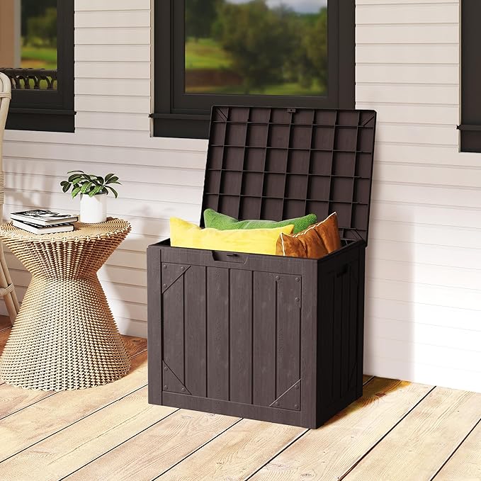 Yardgrace 31 Gallon Resin Deck Box Waterproof Outdoor Storage Box for Patio Furniture Pool Accessories Indoor Storage for Cushion Garden Tools, Brown