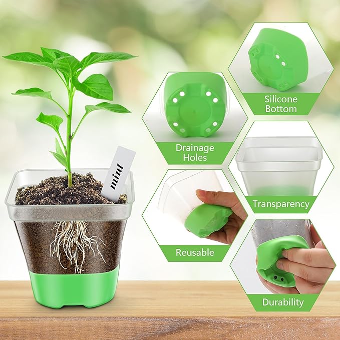 Sckee Clear Nursery Pots for Plants,30 Packs Seed Starting Pots 3.1 inch Plastic Plant Pot Seedling Pots with Drainage Holes Plant Nursery Pots with Silicone Base Seed Starting Pot