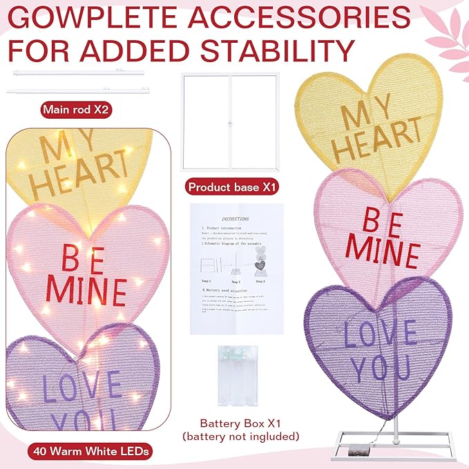 VIHOSE Valentine's Day Heart Lights 41 Inch H Pre-lit Lighted Heart Decor with 50 Warm White Lights Valentine's Day Conversation Candy Hearts Decoration for Indoor Outdoor Porch Garden Lawn (Vivid)