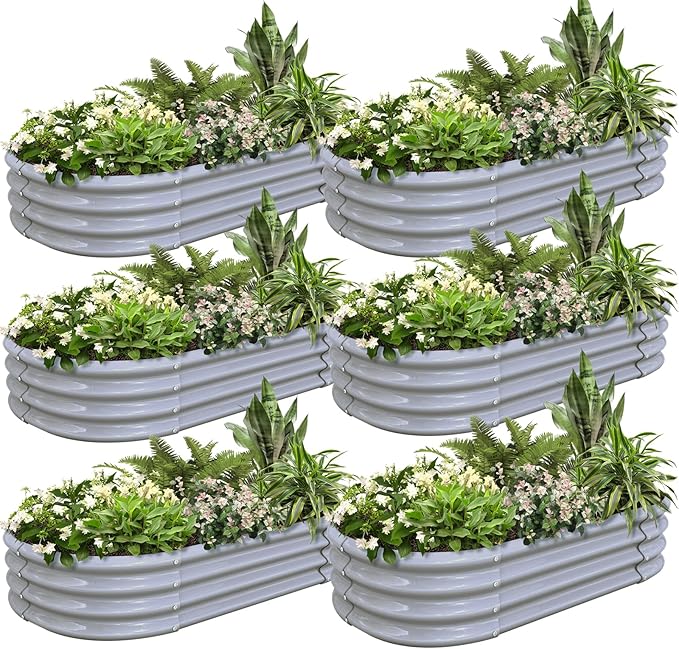 6 Pack 4x2x1FT Galvanized Raised Garden Bed Kit Oval Metal Ground Planter Box Outdoor Bottomless Planter Raised Beds for Vegetables Flowers Herbs Fruits, Gray