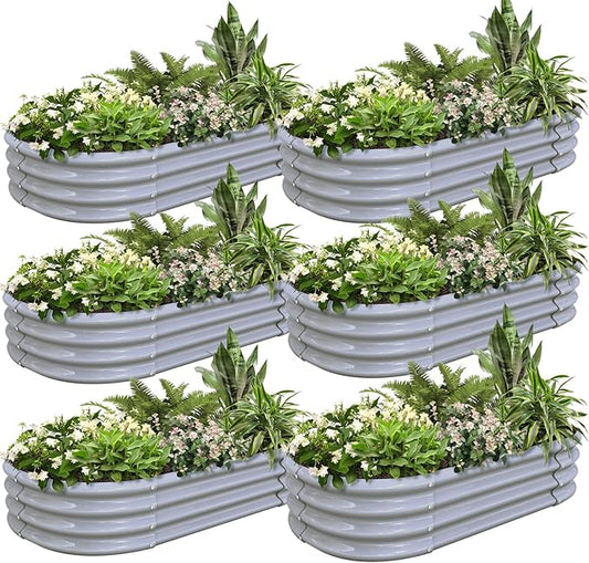 6 Pack 4x2x1FT Galvanized Raised Garden Bed Kit Oval Metal Ground Planter Box Outdoor Bottomless Planter Raised Beds for Vegetables Flowers Herbs Fruits, Gray