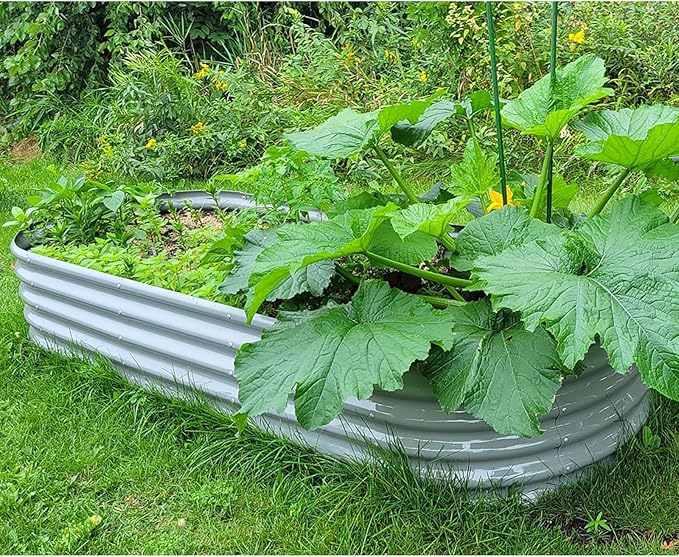 1 Pack 8x3x1.5FT Galvanized Raised Garden Bed Kit Oval Metal Ground Planter Box Outdoor Bottomless Planter Raised Beds for Vegetables Flowers Herbs Fruits, Gray