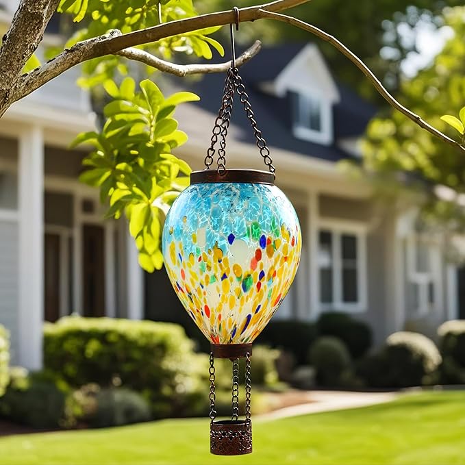 VOREEN Solar Hot Air Balloon Glass Lantern – Hand Blown Multicolor Glass Outdoor Hanging Light, IP44 Waterproof LED, Garden Patio Decoration Gift for Mom Wife Friend, Backyard Night Lighting Decor