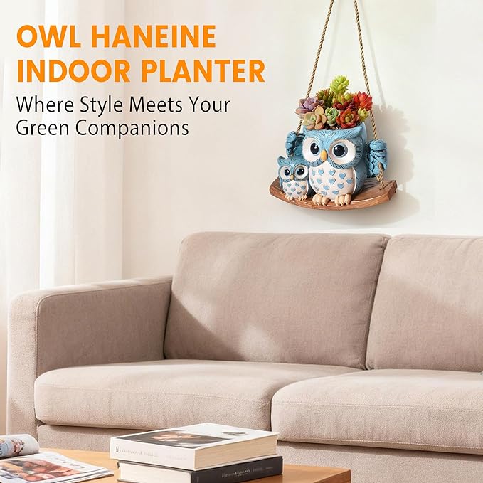 Swing Owl Hanging Planter for Indoor Plants, Cute Small Succulent Pot with Drainage Hole, Unique Resin Hanging Plant Hangers for Outdoor Decor, Plant Holder for String of Pearls, Gift Ideas for Mom