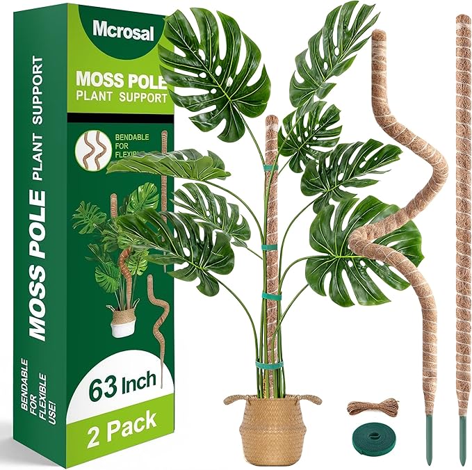 2 Pack 63'' Bendable Moss Pole Monstera Plant Support for Indoor Climbing Plants, Tall Plant Stick Support Stake for Potted Plants, Pothos, Philodendron