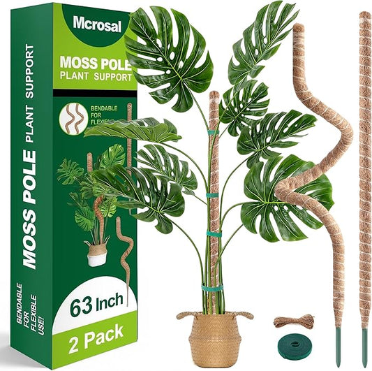 2 Pack 63'' Bendable Moss Pole Monstera Plant Support for Indoor Climbing Plants, Tall Plant Stick Support Stake for Potted Plants, Pothos, Philodendron