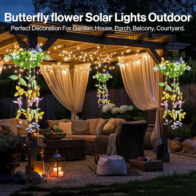Solar Hanging Garden Lights - 2 Pack, Artificial Butterfly & Flower LED Fairy String Lights, IP65 Waterproof Outdoor Festive Decor for Patio, Porch, Garden, Yard, Warm Gift for Mom, Family & Friends