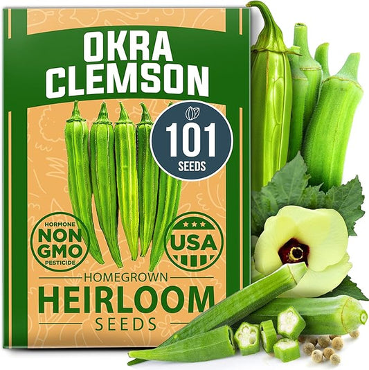HOME GROWN Non GMO Clemson Spineless Okra Seeds 101+ Heirloom Vegetable Seeds for Planting Easy to Grow Outdoor Summer Garden High Germination Rate (Abelmoschus esculentus)