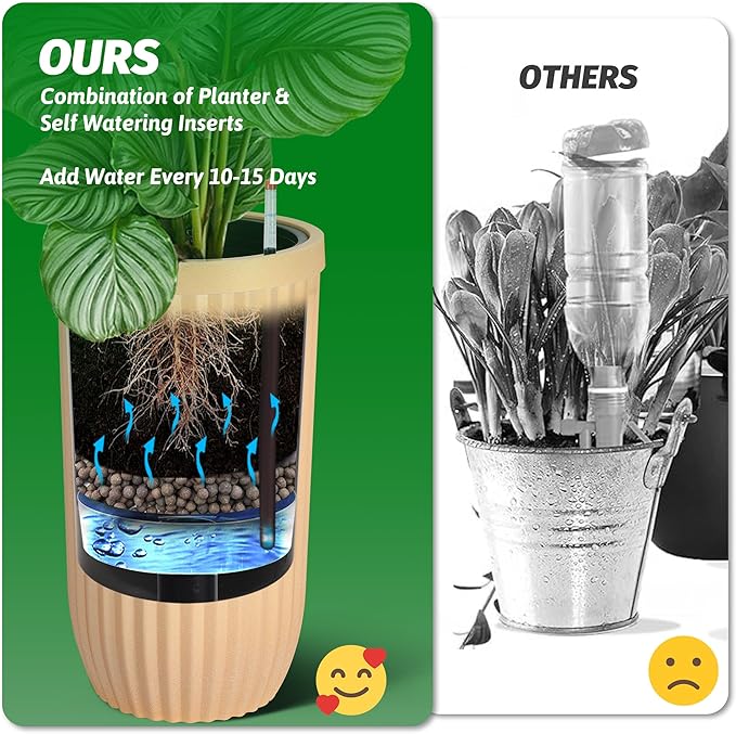 31" Tall Planters, Large Indoor & Outdoor Self-Watering Flower Pots with Drainage, Water Level Monitor & Wheels, Planters for Patio, Porch, Living Room, Home Office