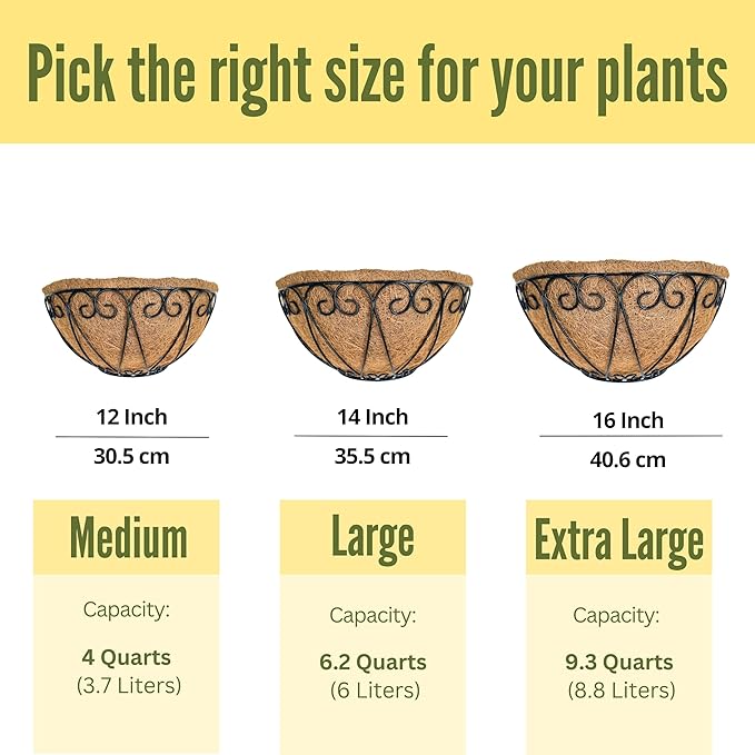 LaLaGreen Outdoor Wall Planters (4 Pack, 12 Inch) Black Metal Wall Mounted Hanging Basket with Coco Liner, Flower Pot Plant Holder Semi-Circle Planter for Fence Railing Deck Porch Balcony Garden Decor