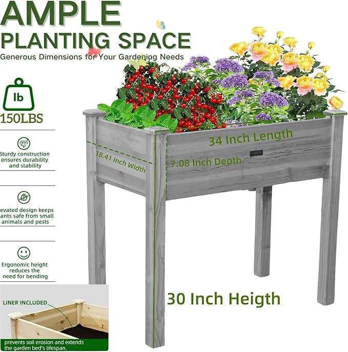 34x18x30in Wooden Raised Garden Bed with Legs,Elevated Reinforced Planter Box with Bed Liner for Backyard/Patio/Gardener,150lb Capacity - Gray