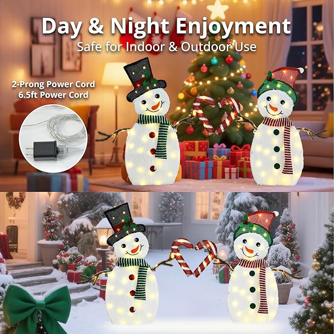 32" H Snowman Lighgts Outdoor Christmas Decorations, 2D Pre-lit Cute Holiday Lawn Lights Decors, 80 Warm White LEDs, Flat Xmas Yard Decor, Perfect for Garden, Driveway, 2-Piece Set