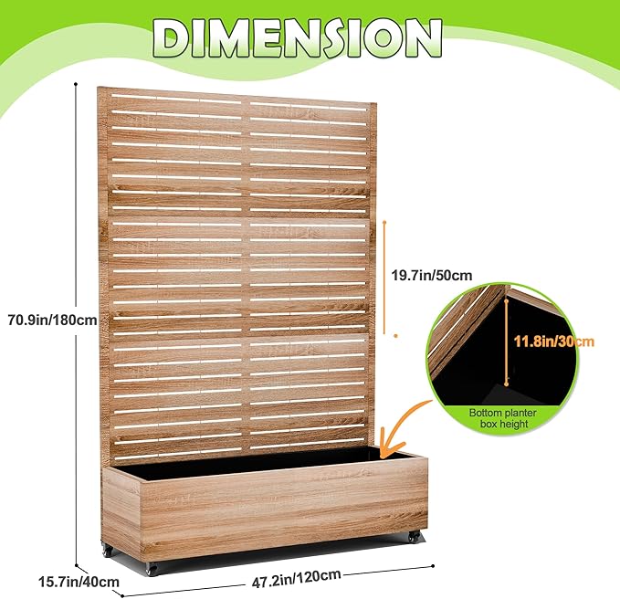 15.7"×70.9"×47.2" Metal Raised Garden Bed with Trellis and Wheels - Tall Trellis Planter Box for Climbing Plants, Vegetables & Vines - Outdoor Privacy Planters for Patio (Cut Oak Grain)