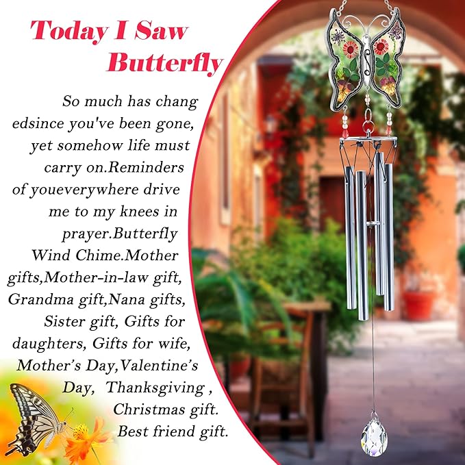 KY&BOSAM Big Butterfly Wind Chime with Crystal Sympathy Wind Spinner Memorial Wind Chime for Loss of Loved One Prime Bereavement Sympathy Memorial Gift for Loss of Mother Father Gift Home Garden Decor