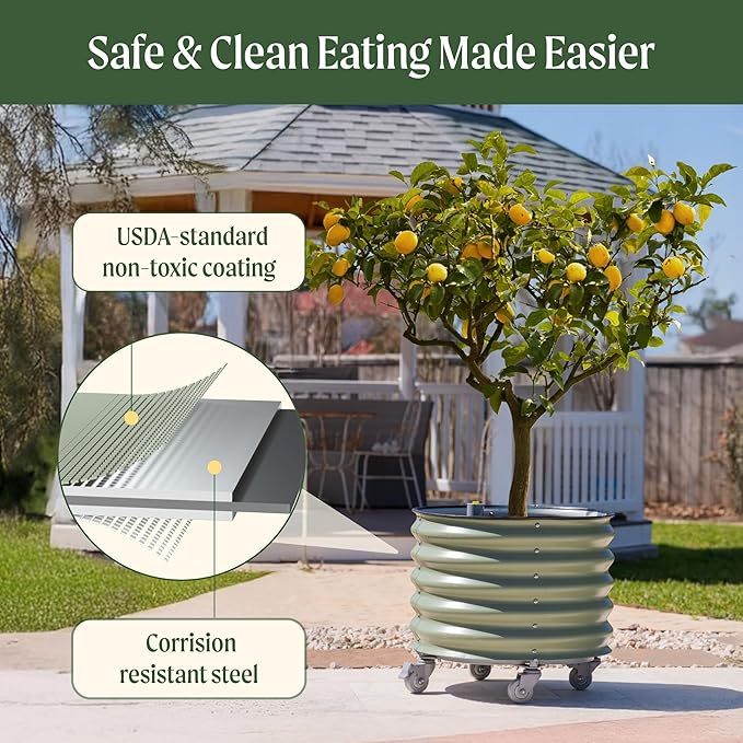 Rolling Metal Citrus Tree Planter, Self-Watering Round Large Pot for Growing Trees Tomatoes Vegetables and Flowers, Raised Garden Bed with Wheels for Porch Patio & Backyard, Twin Pack-Olive Green