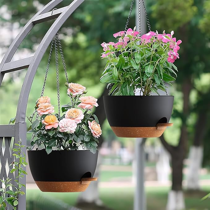 Set of 3-10 Inch Self Watering Hanging Planters for Indoor & Outdoor，Hanging Plant Pots with Drainage & Removable Tray, Hanging Pots Holder for Ivy, Pothos, Ferns, Balcony & Patio, Black with Brown