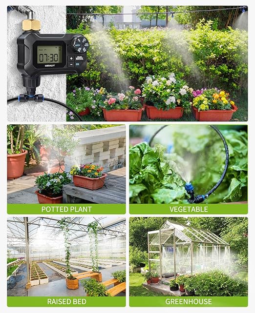 HIRALIY 118FT Greenhouse Misting Drip Irrigation Kit with Garden Timer, Quick Connector Design Automatic Irrigation System, Hanging Plant Watering System, with Tubing, Misting Nozzles, and Water Timer