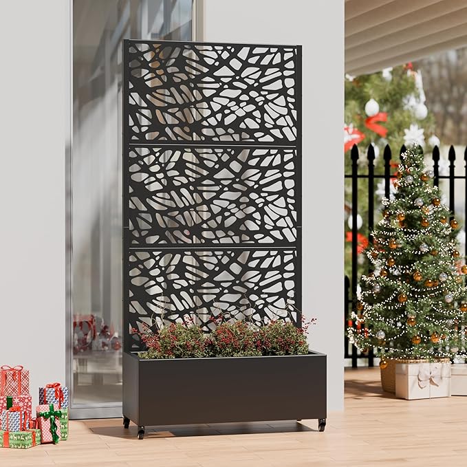 Casaphoria Metal Raised Garden Bed with Trellis and Wheels, 72"x35"x16" Planter Box for Climbing Plants, Vegetables & Vines, Features Drainage Holes and Privacy Screen (Black-Net)