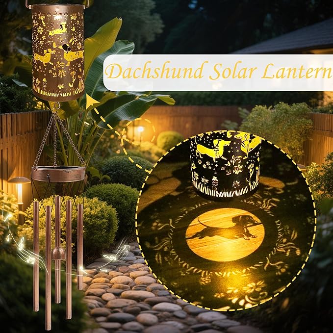 Dachshund Solar Wind Chimes for Outside, Dachshund Wiener Dog Gifts Solar Lantern Wind Chimes, Garden Decorative Hanging Lights for Patio Porch Yard Lawn Decor