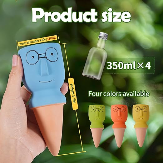 4 Pack Terracotta Watering Spikes, Self-Watering Plant Stakes for Indoor & Outdoor Potted Plants with 12 oz Plastic Bottles for Ideal Auto Watering Devices for Plants During Vacation