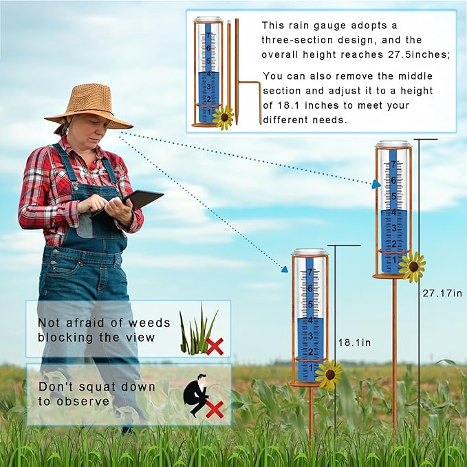 Rain Gauge Outdoor, Freeze Proof Rain Gauges Outdoors Best Rated,7" Capacity Detachable Rain Guage with Stake for Yard,Lawn & Garden,Large Clear Number and Scale Rain Measure Gauge Water Meter