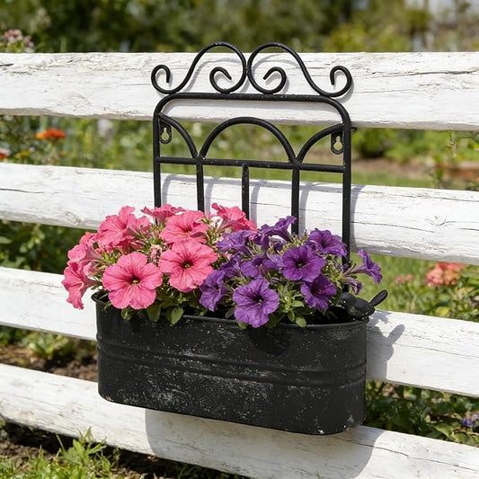 Rustic Metal Wall Planter Vintage Wall Mounted Flower Pot Distressed Wall Hanging Plant Basket Farmhouse Wall Decor for Indoor Outdoor Garden Home Yard (Black)
