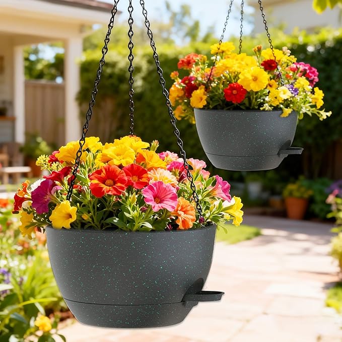 10 Inch Hanging Baskets 2 PC with Chains, Self-Watering Hanging Planters for Indoor Outdoor Plants, Plastic Hanging Flower Pots,Black with Green Speckles
