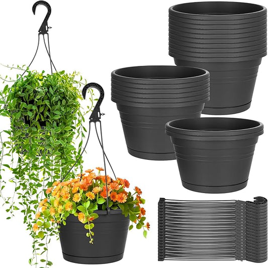 Roshtia 20 Pcs 10 Inch Hanging Baskets for Plants Large Plastic Hanging Basket Pots with Drainage Trays Self Watering Planter Pots for Outdoor Indoor Plants Flowers Garden Balcony (Black)