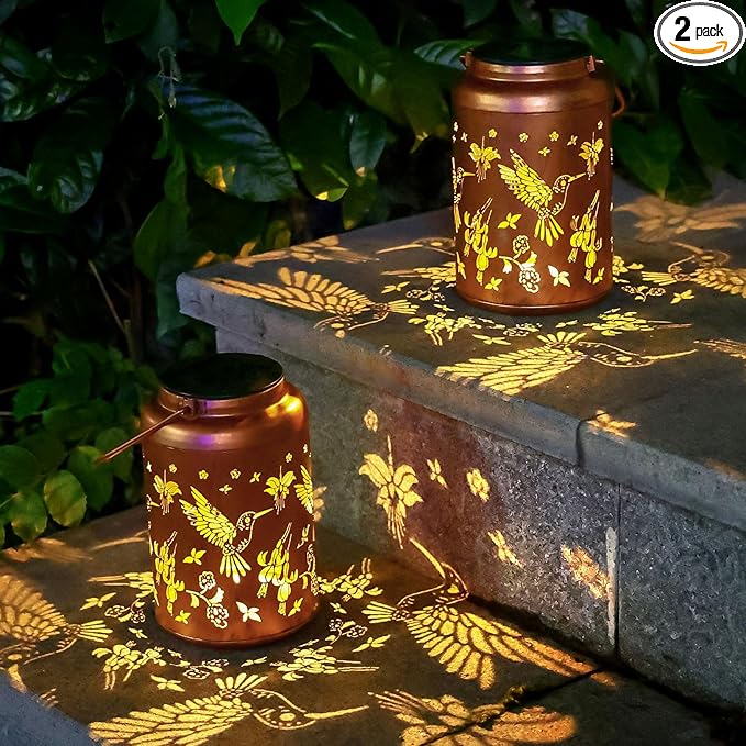 Solar Lanterns Outdoor Waterproof Hummingbird Hanging Solar Lights,Hollowed Metal Lantern Light Decorative for Garden,Patio,Yard,Lawn,Front,Porch Decor Gifts for Women Men Mom 2pack